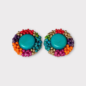 Vintage 1960s Colorful Beaded Earrings, Teal Lambskin Multicolor Beads Clip ons